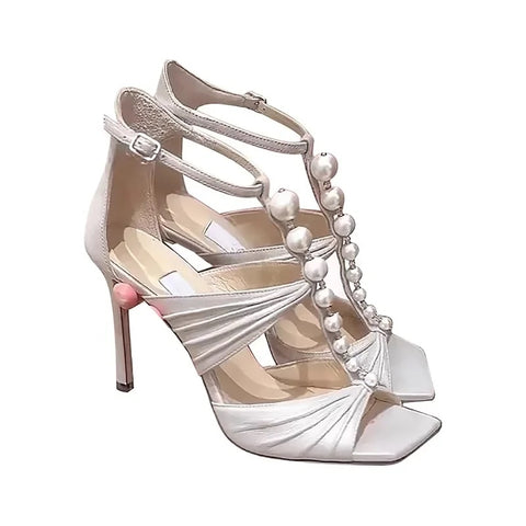 New Square Head Open Toe Sexy Pearl Fold Water Diamond Casual Simple Buckle Bag Heel CODE: KAR3234