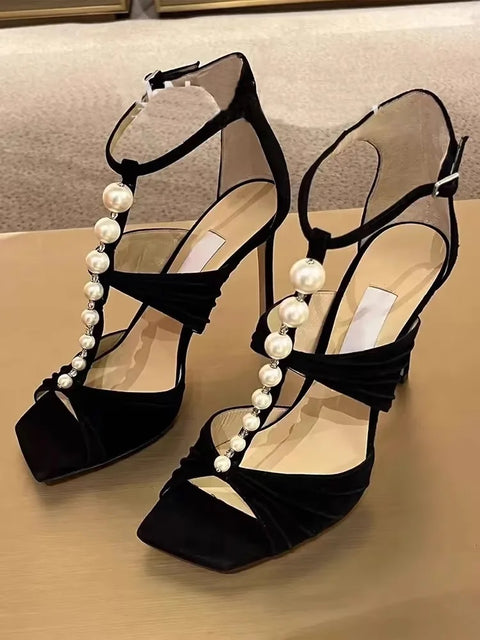 New Square Head Open Toe Sexy Pearl Fold Water Diamond Casual Simple Buckle Bag Heel CODE: KAR3234