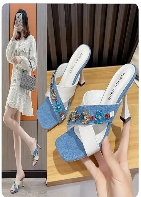 New Square Toe Flower Glitter Slides Low Cross-Tied High Jelly Luxury Heels CODE: KAR3236