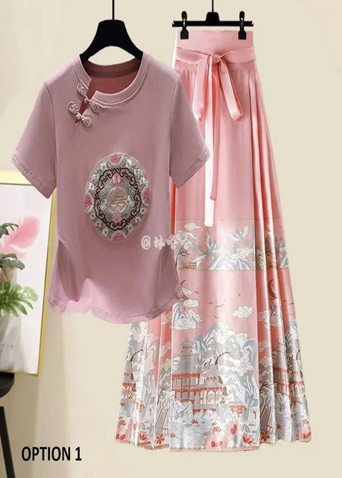 New Short sleeved Top Paired with Half Skirt Two Piece Set CODE: KAR3240