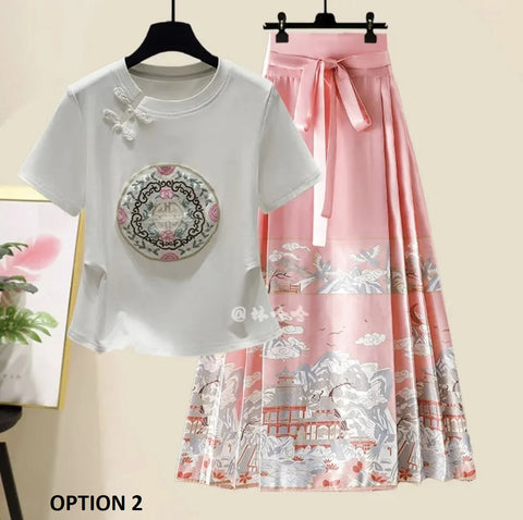 New Short sleeved Top Paired with Half Skirt Two Piece Set CODE: KAR3240