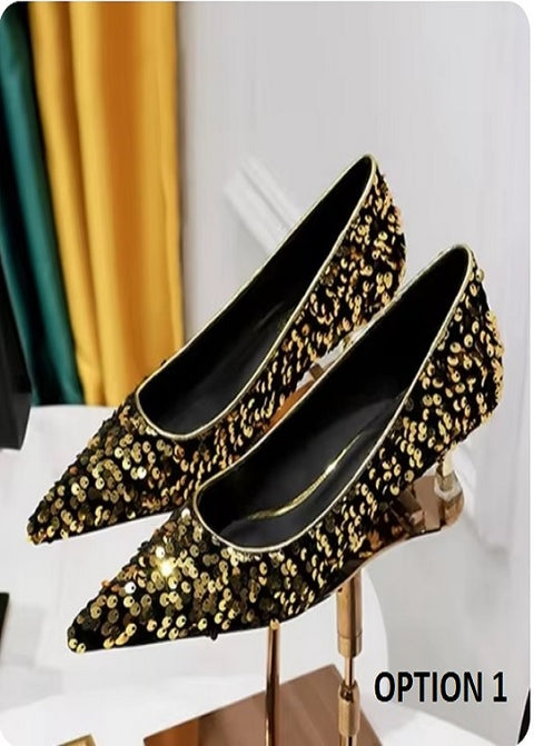 New Sequins Pumps Sexy Pointed Toe kitten Mule Tacones Mujer Heels CODE: KAR3258