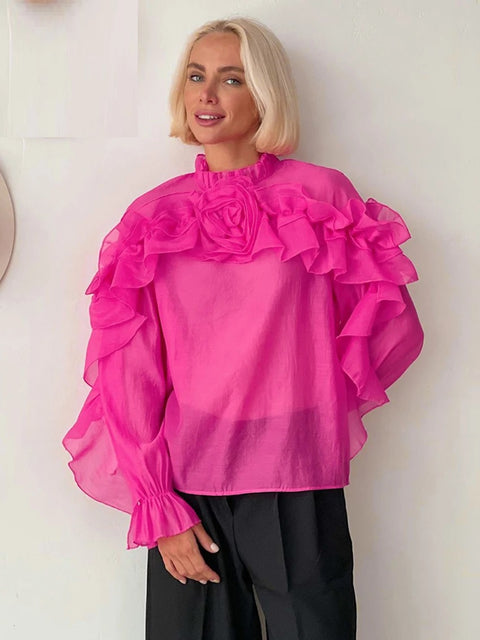 Fashion Elegant Ruffled Flowers Long Sleeve Loose Spring Party Stand Collar Top CODE: KAR3284