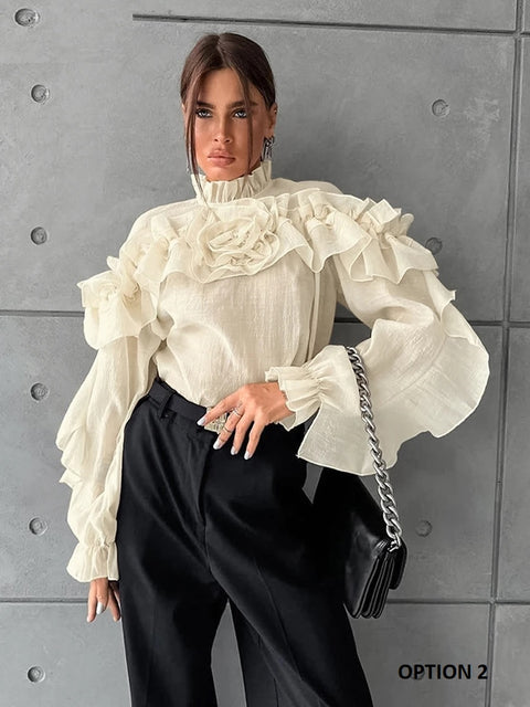 Fashion Elegant Ruffled Flowers Long Sleeve Loose Spring Party Stand Collar Top CODE: KAR3284