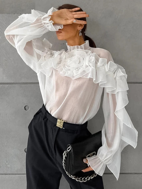 Fashion Elegant Ruffled Flowers Long Sleeve Loose Spring Party Stand Collar Top CODE: KAR3284