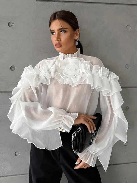 Fashion Elegant Ruffled Flowers Long Sleeve Loose Spring Party Stand Collar Top CODE: KAR3284