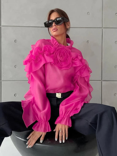 Fashion Elegant Ruffled Flowers Long Sleeve Loose Spring Party Stand Collar Top CODE: KAR3284