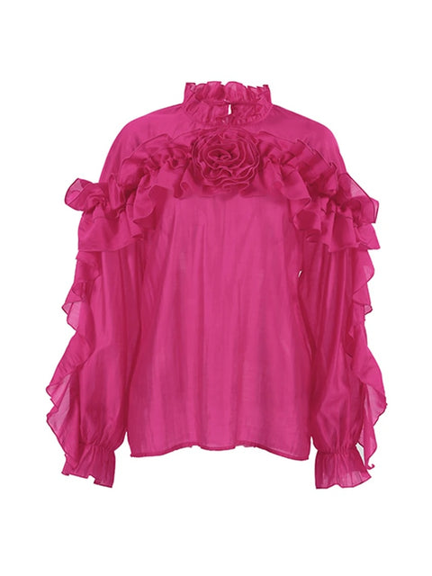 Fashion Elegant Ruffled Flowers Long Sleeve Loose Spring Party Stand Collar Top CODE: KAR3284