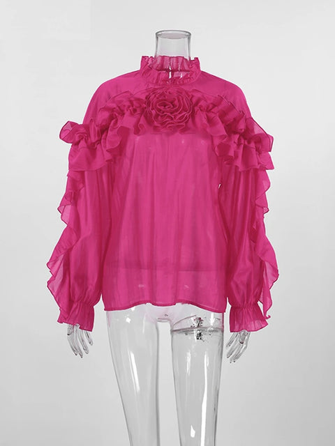 Fashion Elegant Ruffled Flowers Long Sleeve Loose Spring Party Stand Collar Top CODE: KAR3284