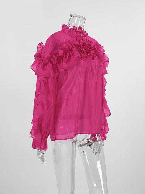Fashion Elegant Ruffled Flowers Long Sleeve Loose Spring Party Stand Collar Top CODE: KAR3284