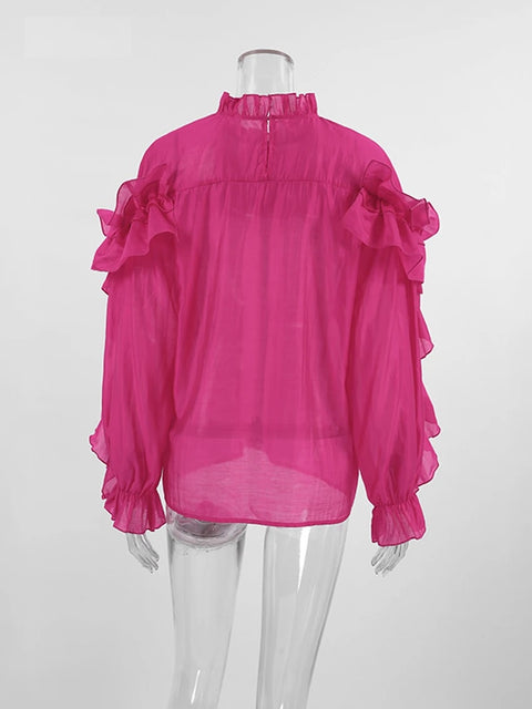 Fashion Elegant Ruffled Flowers Long Sleeve Loose Spring Party Stand Collar Top CODE: KAR3284