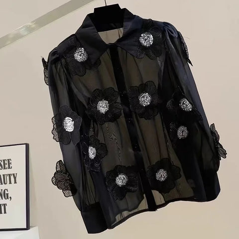 Sexy Three-dimensional Flower Single Breasted Lapel Puff Sleeve Shirt CODE: KAR3286