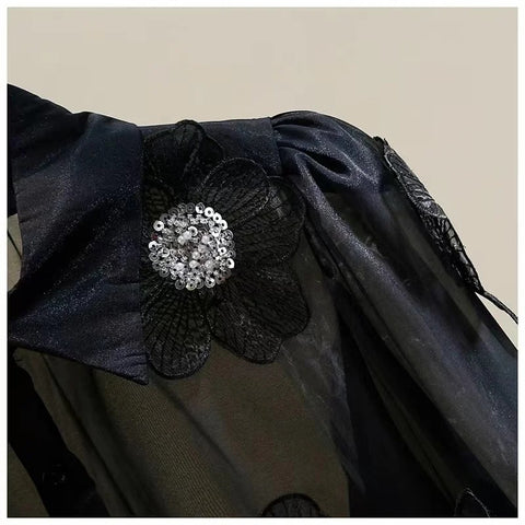 Sexy Three-dimensional Flower Single Breasted Lapel Puff Sleeve Shirt CODE: KAR3286