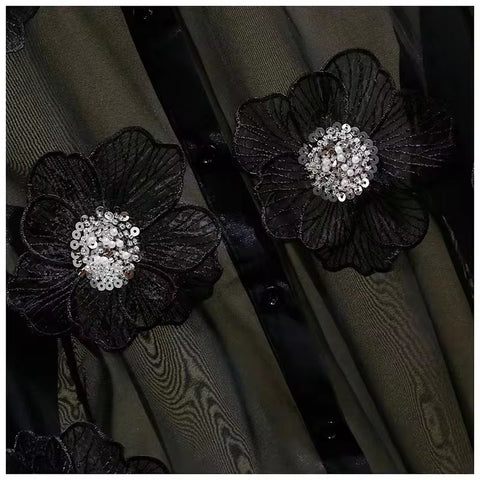 Sexy Three-dimensional Flower Single Breasted Lapel Puff Sleeve Shirt CODE: KAR3286