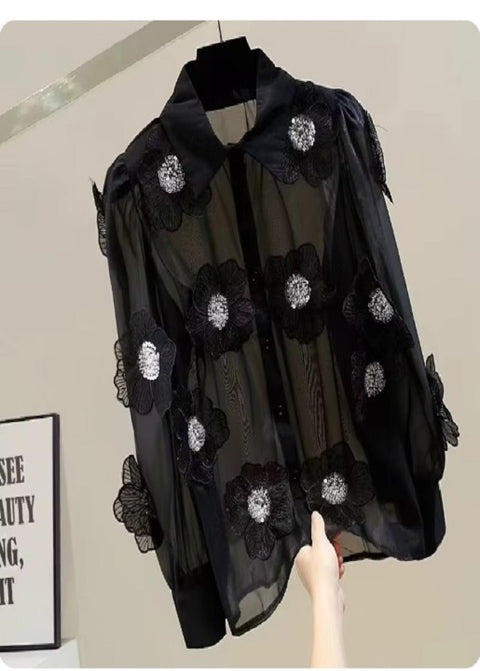 Sexy Three-dimensional Flower Single Breasted Lapel Puff Sleeve Shirt CODE: KAR3286