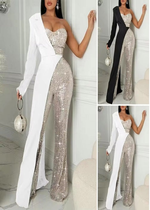 New Elegant One Shoulder Sequin with Wide Leg Tight Waist Jumpsuit CODE: KAR3288