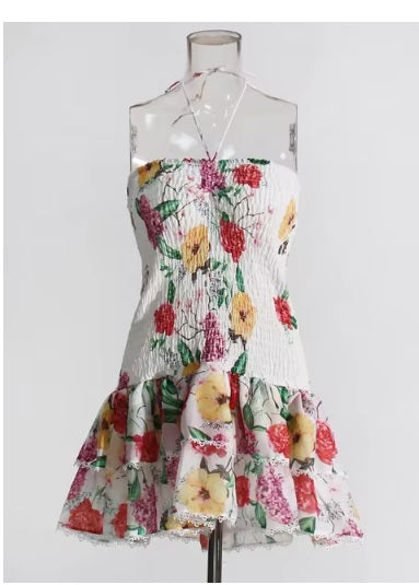 New Halter Sleeveless High Waist Patchwork Folds Slimming Printing Dress CODE: KAR3302
