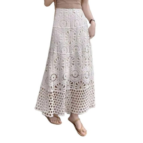 New Knitted Crochet Flared A Line Bohemian Hollow Out Embroidery Elastic High Waist Long Skirt CODE: KAR3334