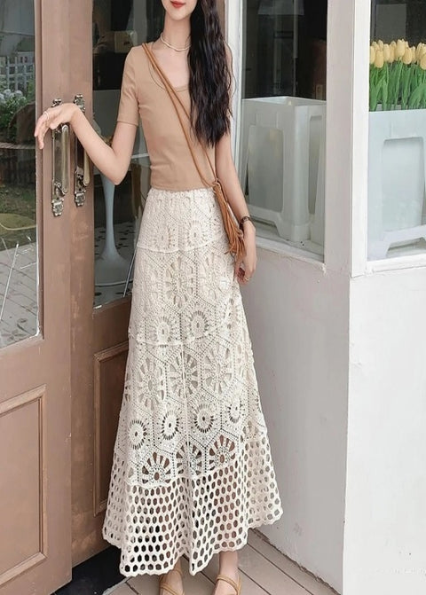 New Knitted Crochet Flared A Line Bohemian Hollow Out Embroidery Elastic High Waist Long Skirt CODE: KAR3334