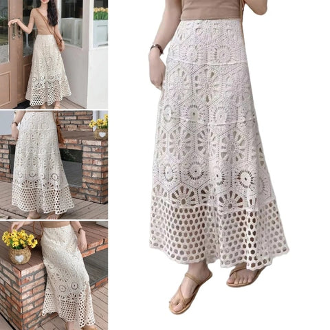 New Knitted Crochet Flared A Line Bohemian Hollow Out Embroidery Elastic High Waist Long Skirt CODE: KAR3334