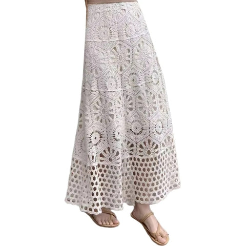 New Knitted Crochet Flared A Line Bohemian Hollow Out Embroidery Elastic High Waist Long Skirt CODE: KAR3334