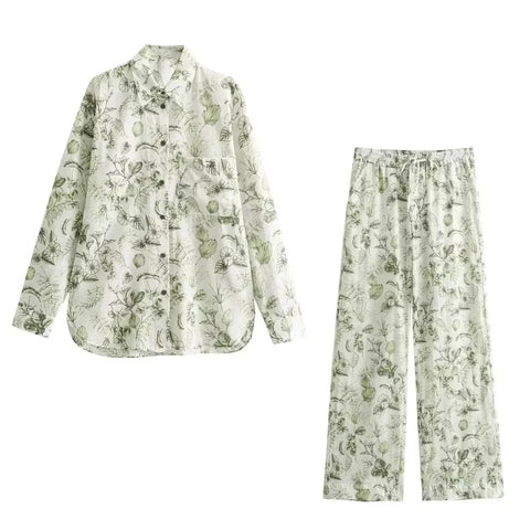 New Casual Printed Polo Collar Long sleeved Shirt High Waist Pant Set CODE: KAR3345