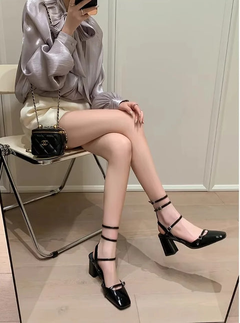 New French square thick with a line with a bun head patent high Heel CODE: KAR3349