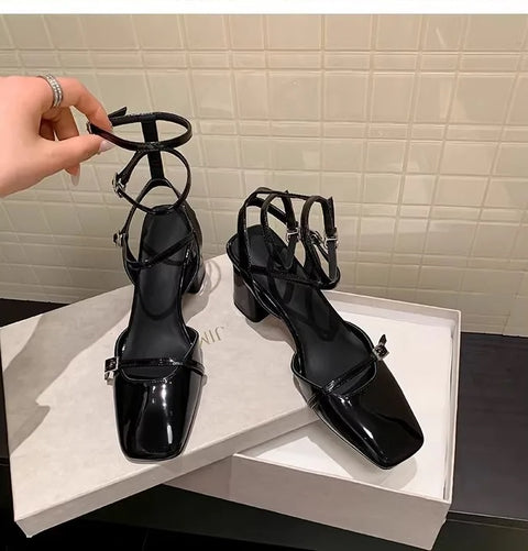 New French square thick with a line with a bun head patent high Heel CODE: KAR3349
