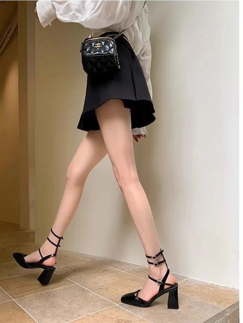 New French square thick with a line with a bun head patent high Heel CODE: KAR3349