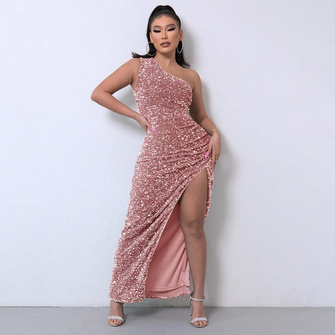 Summer New Sequined Sleeveless One Shoulder Sleeve Slit Ankle Pencil Tight Dress CODE: KAR3353