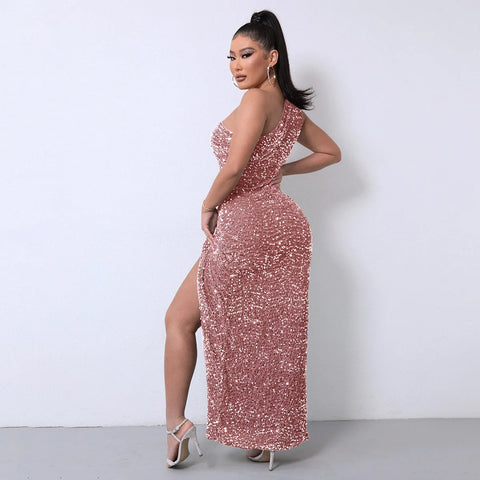 Summer New Sequined Sleeveless One Shoulder Sleeve Slit Ankle Pencil Tight Dress CODE: KAR3353