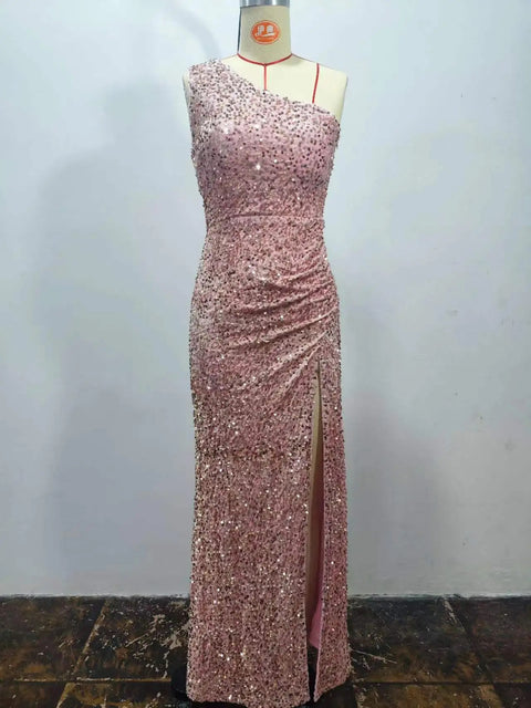 Summer New Sequined Sleeveless One Shoulder Sleeve Slit Ankle Pencil Tight Dress CODE: KAR3353
