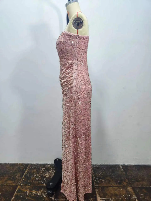 Summer New Sequined Sleeveless One Shoulder Sleeve Slit Ankle Pencil Tight Dress CODE: KAR3353