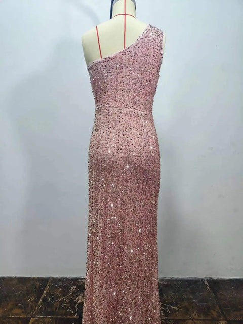 Summer New Sequined Sleeveless One Shoulder Sleeve Slit Ankle Pencil Tight Dress CODE: KAR3353