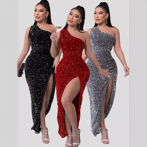 Summer New Sequined Sleeveless One Shoulder Sleeve Slit Ankle Pencil Tight Dress CODE: KAR3353