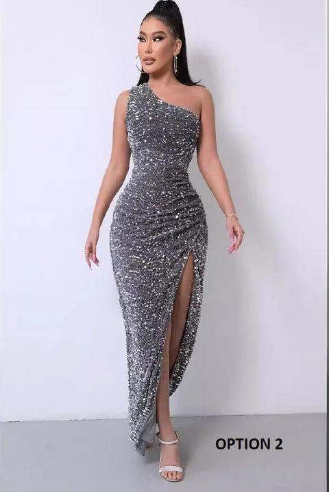 Summer New Sequined Sleeveless One Shoulder Sleeve Slit Ankle Pencil Tight Dress CODE: KAR3353