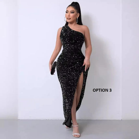 Summer New Sequined Sleeveless One Shoulder Sleeve Slit Ankle Pencil Tight Dress CODE: KAR3353