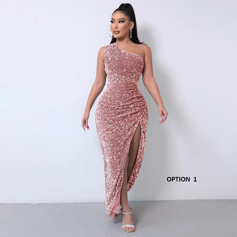 Summer New Sequined Sleeveless One Shoulder Sleeve Slit Ankle Pencil Tight Dress CODE: KAR3353
