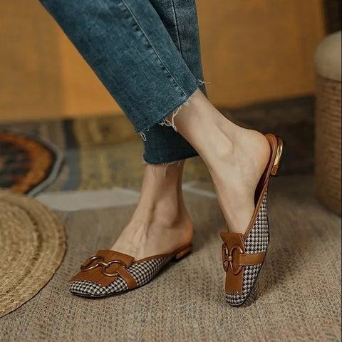 New Plaid Casual Mules Square Toe Tassel Fringed Flat CODE: KAR3373