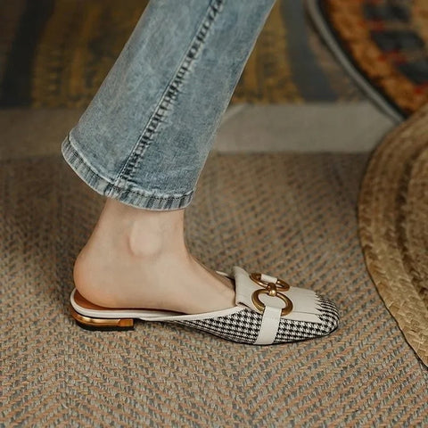 New Plaid Casual Mules Square Toe Tassel Fringed Flat CODE: KAR3373
