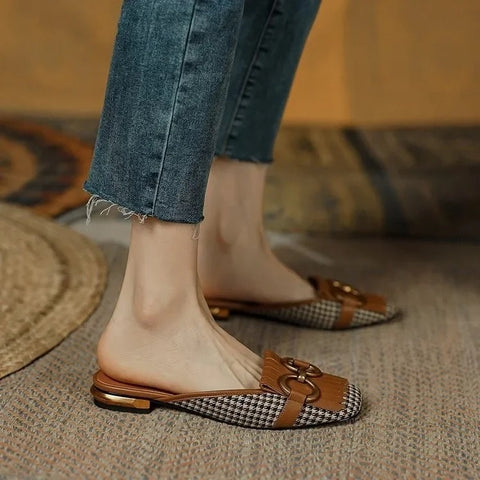 New Plaid Casual Mules Square Toe Tassel Fringed Flat CODE: KAR3373