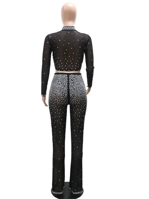 New Sparkle Sheer Mesh Rhinestone Corset Crop Top And Wide Legs Pant Set CODE: KAR3382