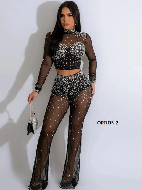 New Sparkle Sheer Mesh Rhinestone Corset Crop Top And Wide Legs Pant Set CODE: KAR3382