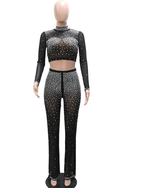 New Sparkle Sheer Mesh Rhinestone Corset Crop Top And Wide Legs Pant Set CODE: KAR3382