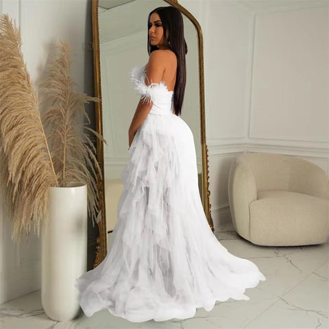 New Fashion Sleeveless Wrapped Chest Mesh Open Back Fishbone Perspective Long Dress CODE: KAR3383