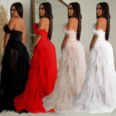New Fashion Sleeveless Wrapped Chest Mesh Open Back Fishbone Perspective Long Dress CODE: KAR3383