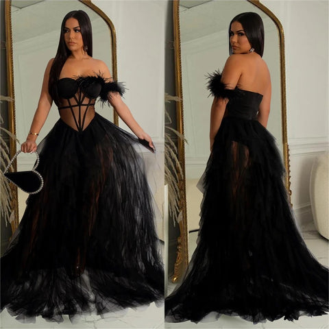 New Fashion Sleeveless Wrapped Chest Mesh Open Back Fishbone Perspective Long Dress CODE: KAR3383