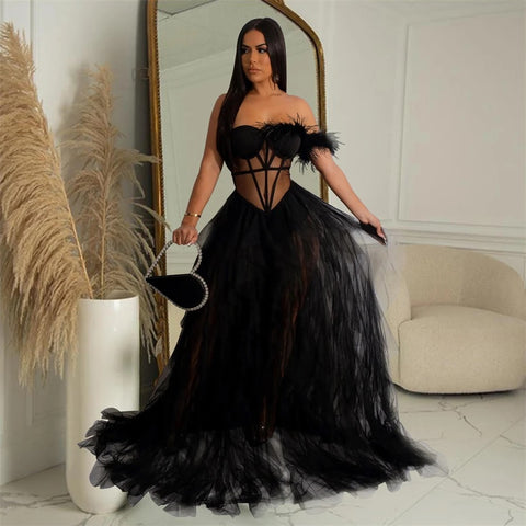 New Fashion Sleeveless Wrapped Chest Mesh Open Back Fishbone Perspective Long Dress CODE: KAR3383