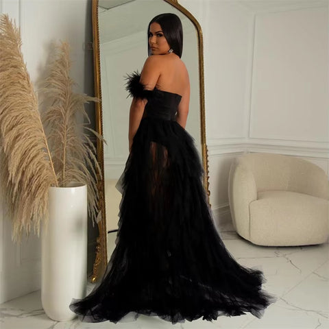 New Fashion Sleeveless Wrapped Chest Mesh Open Back Fishbone Perspective Long Dress CODE: KAR3383