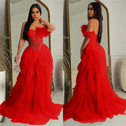 New Fashion Sleeveless Wrapped Chest Mesh Open Back Fishbone Perspective Long Dress CODE: KAR3383